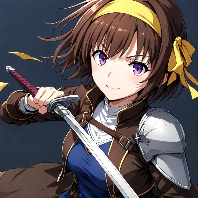 1girl, Solo, Brown Hair, Short Hair, Purple Eyes, Yellow Hea...