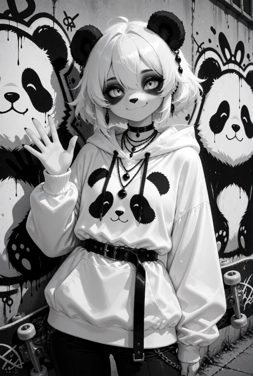 Panda Girl Beastkin With Short, Fluffy White Hair, Large Dar...