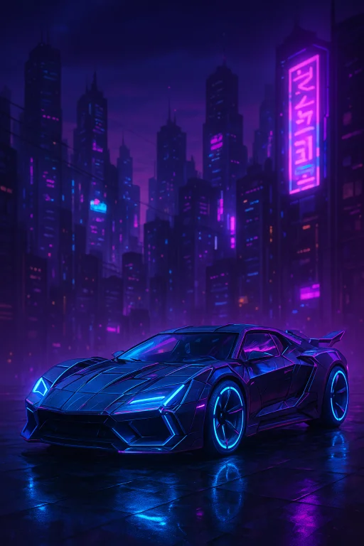 A Sleek Dark Neon Blue With Purple Accents Cyberpunk Car Wit...