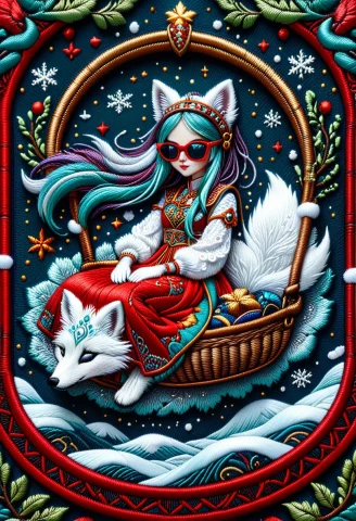 Ral-embroideredpatch, Sleeping Arctic Fox Princess With Over... — SDXL AI Prompt: ral-embroideredpatch, Sleeping Arctic Fox princess with oversized eyes, Long flo...