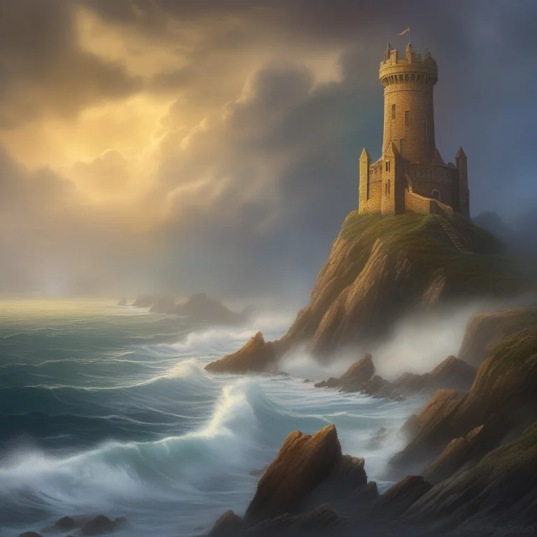 High Quality, Detailed, A Wizards Tower Rising From A Stormy...