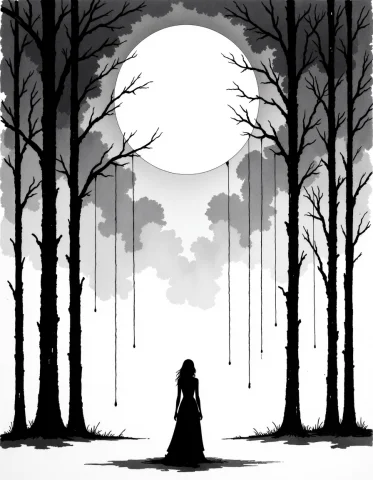 Minimalist Forest Night Art — Stable Diffusion AI Prompt: aidmaHiDreamStyle, A minimalist monochrome artwork of a solitary woman standing...