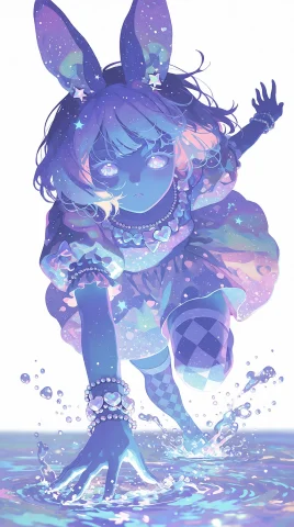 Magical Girl Running Across Water — Stable Diffusion AI Prompt: 1girl, solo, magical_girl, fantasy, blue skin,pastel_color_palette, high_saturat...
