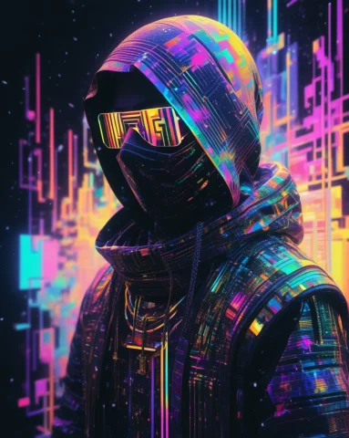 Illuminated Ninja In The Style Of Golden Glitched Rainbow. S... — SDXL AI Prompt: Illuminated ninja in the style of golden glitched rainbow. Snow is falling as ho...