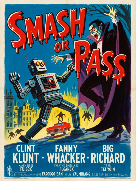 Vintage Movie Poster Featureing A Robot Fighting A Vampire....