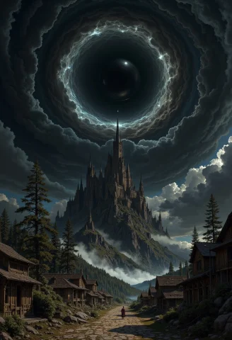 A Dark, Surreal Landscape. The Layout Features A Central Foc... — FLUX AI Prompt: a dark, surreal landscape. The layout features a central focus on a swirling vor...