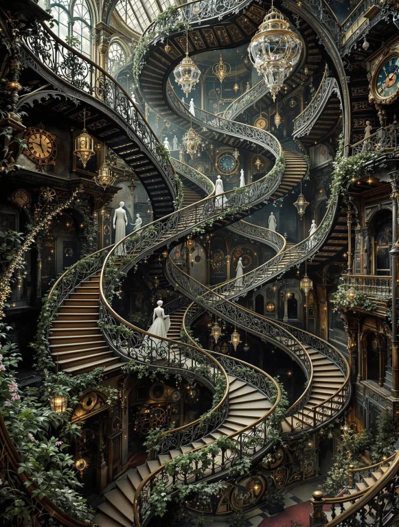 A Victorian Wrought-iron Staircase Captured At A Diagonal An...