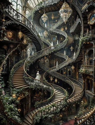 A Victorian Wrought-iron Staircase Captured At A Diagonal An... — FLUX AI Prompt: A Victorian wrought-iron staircase captured at a diagonal angle, where multiple...