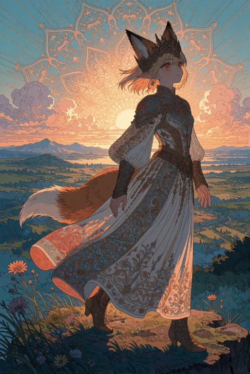 A Fox-girl Warrior In Flowing Renaissance-inspired Robes Wit...