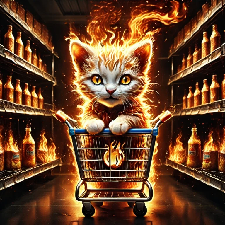 A Kitty Pushing A Shopping Cart In A Grocery Store, Flamesty...