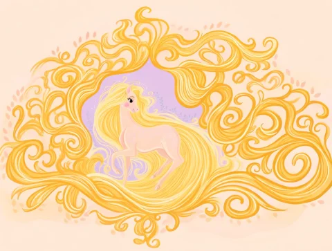 Golden-Haired Horse Illustration — Stable Diffusion AI Prompt: Raps’ Drawing Style, a whimsical storybook mural illustration centered around an...