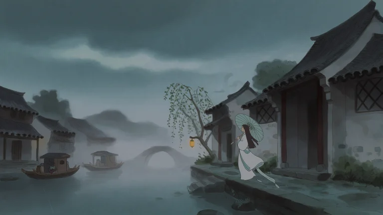 雨将至的江南水乡,天空呈现如汝窑瓷釉般温润含蓄的天青色,厚重...