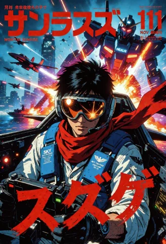 A Detailed 80s Anime Magazine Cover Features A Young Pilot W... — Stable Diffusion AI Prompt: A detailed 80s anime magazine cover features a young pilot with messy black hair...