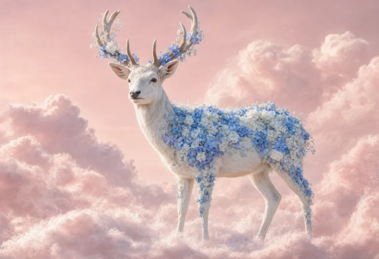A White Deer With Antlers Adorned With Blue And White Flower...