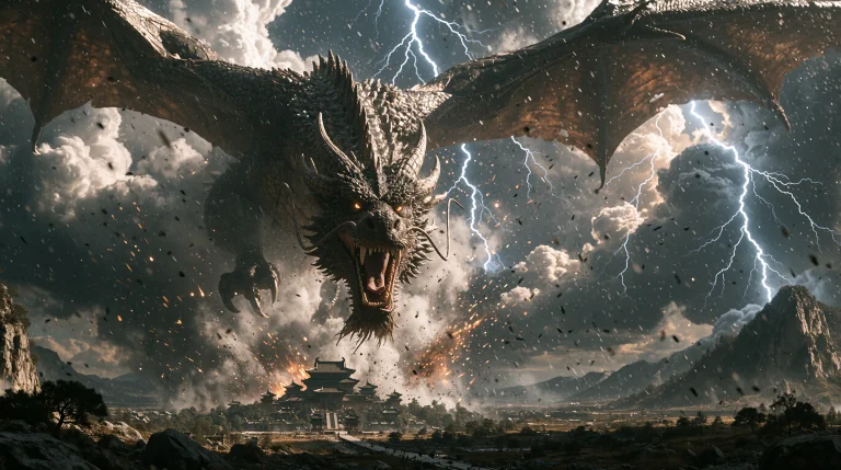 A Colossal Dragon Descending Through A Tempest Of Dramatic C...