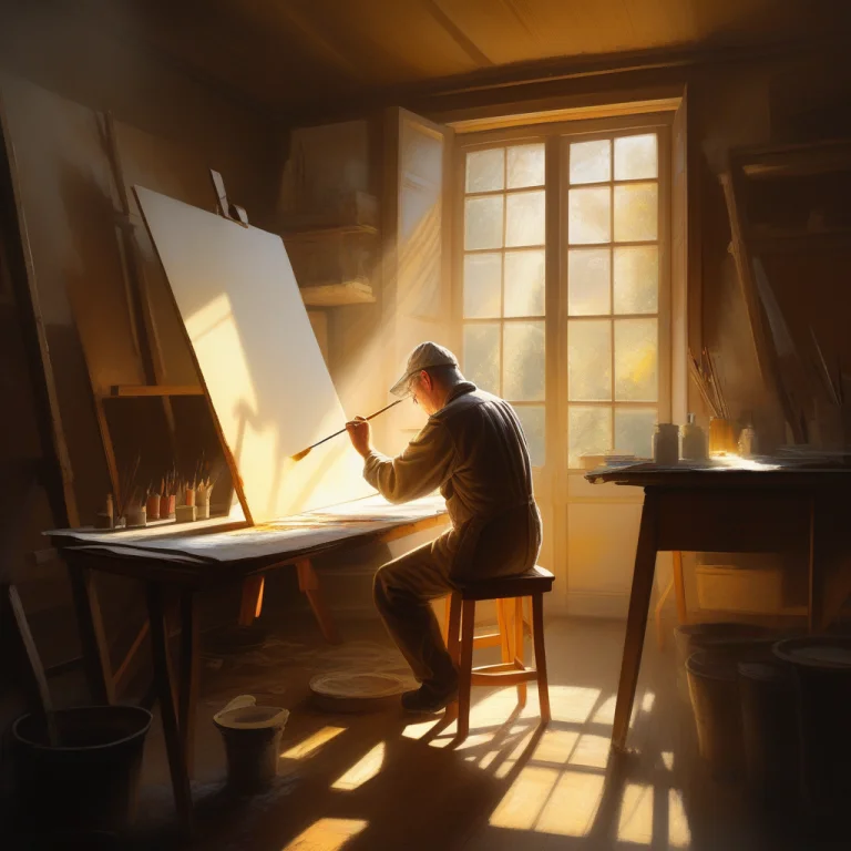 A Painter Absorbed In Work In A Sunlit Atelier, Storybook Il...