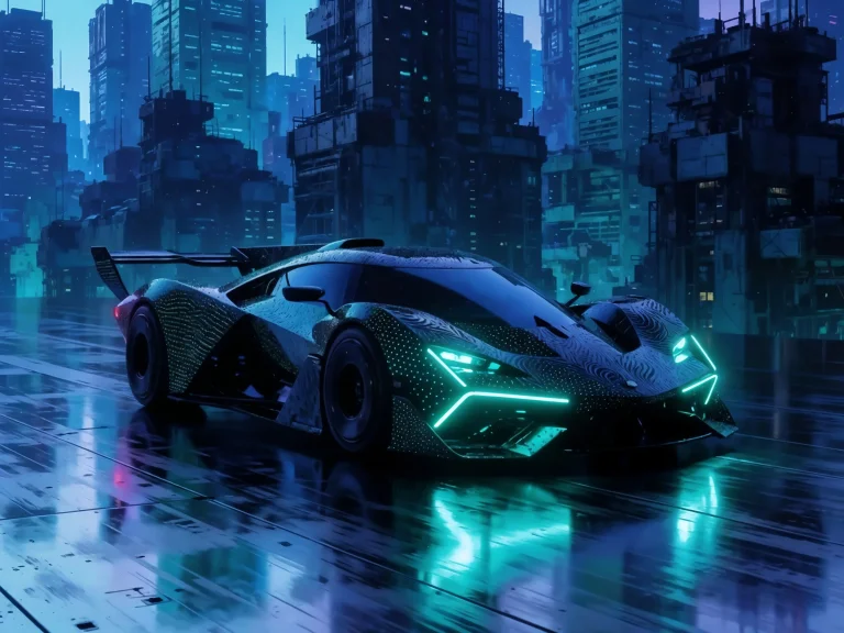 Futuristic Sports Car With Neon Lights On Wet Street Cyberpu...