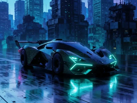 Futuristic Sports Car Night Render — Stable Diffusion AI Prompt: 🏎️ futuristic sports car with neon lights on wet street cyberpunk city night 3d...