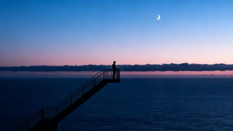 A Silhouetted Figure Stands On An Elevated Diagonal Staircas... — Stable Diffusion AI Prompt: A silhouetted figure stands on an elevated diagonal staircase overlooking a vast...