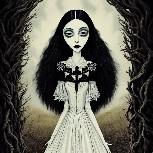 Portrait Of A Pale Gothic Girl With Raven Hair And Large Dar...