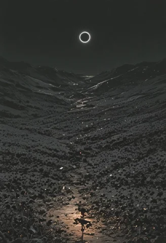 Mountains, Valley Full Of Black Flower, Black Flowers, Plain... — Stable Diffusion AI Prompt: mountains, valley full of black flower, black flowers, plains of flowers, river,...