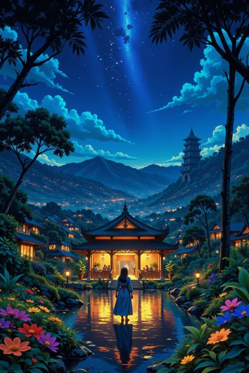 Indonesian Beautiful Landscape, Bright Luminous Night, Woman...