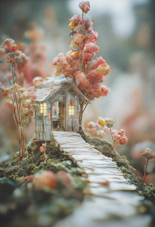 A Serene And Artistic Scene. It Features A Quaint House With...