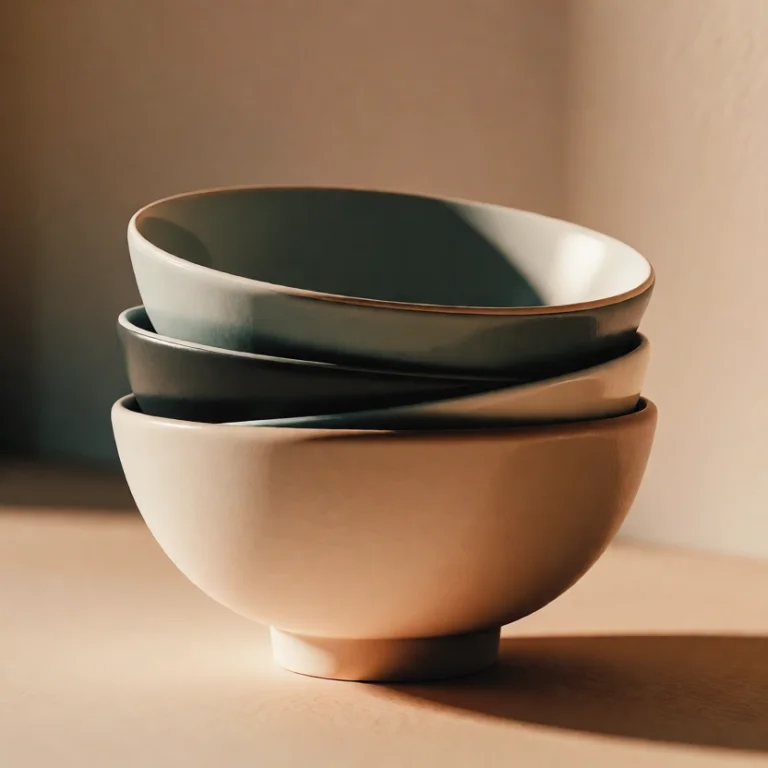 A Stack Of Three Ceramic Bowls Of Different Sizes On A Plain...