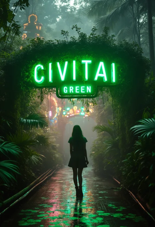 Photo Of A Woman Walking Through An Amusement Park Overgrown...