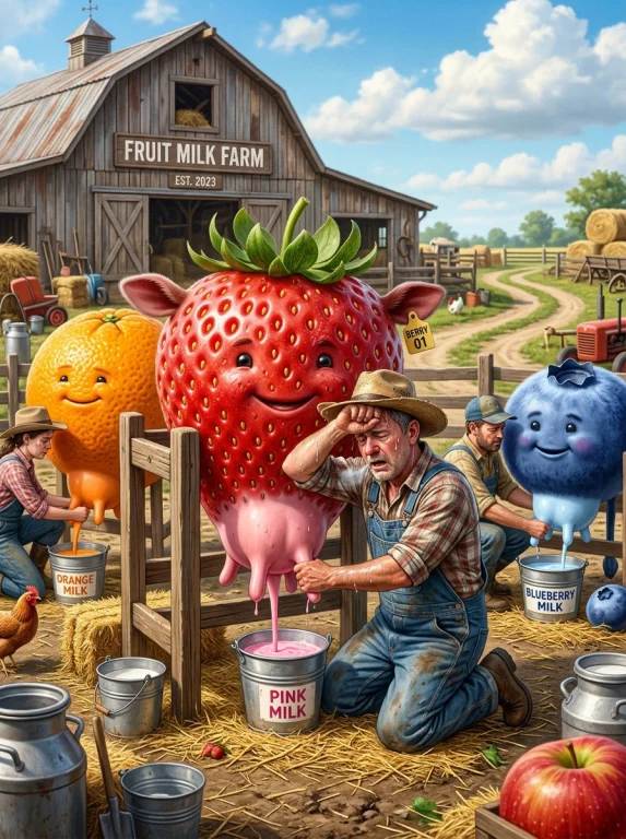 Draw Me A Funny Image Of A Fruit Milk Farm. It Shows A Cow S...