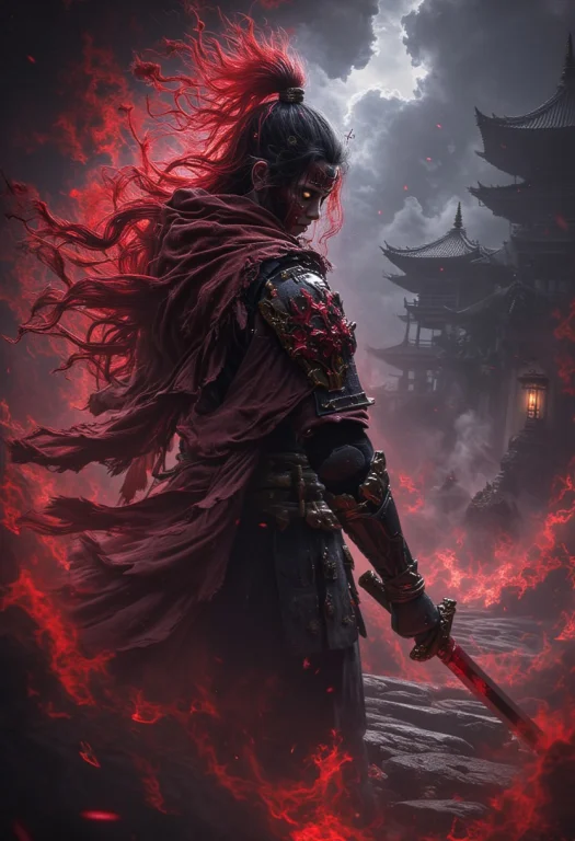 Samurai, Red Armor Details, Fiery Katana, Toxic Red Hair, To...