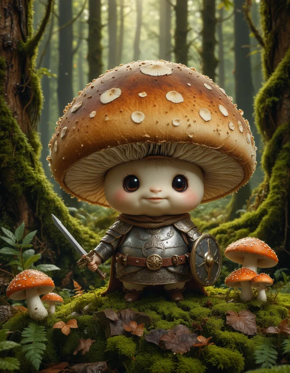 Cute Little Mushroom Warrior Standing Confidently In A Magic...