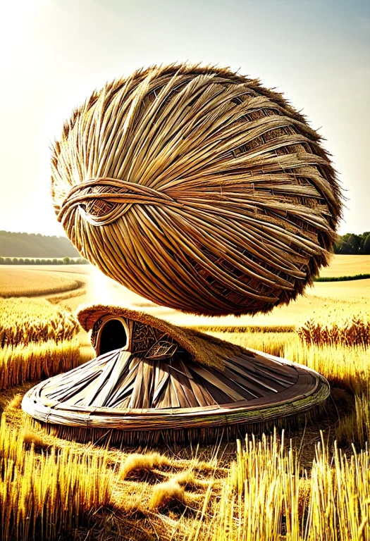 A Futuristic Spaceship Made Entirely Of Bound Golden Straw A...