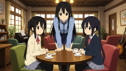 Kuro and Azusa in K-On! Mix — Stable Diffusion AI Prompt: Kuro, 1girl, Kuro, black hair, long hair, twin tails, black eyes, sitting beside...