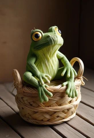Cute Frog Basket Photo Prompt — SDXL AI Prompt: 8k, Raw digital photo, high quality, a cute frog made of straw thread, sitting i...