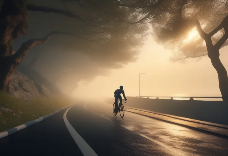 A Cyclist Coasting Down A Misty Coastal Road, Blender Render...