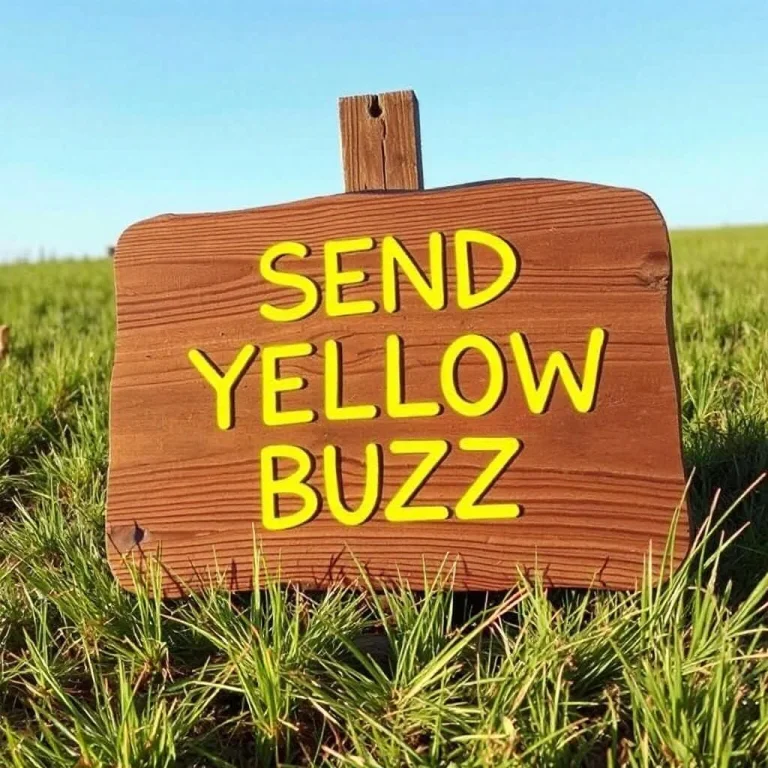 A Wooden Sign Sitting On The Grass, Sky Blue, Text Says Send...
