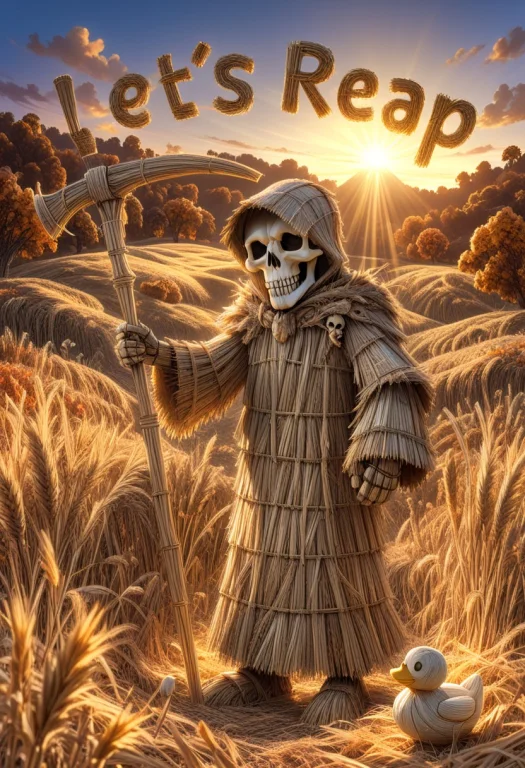 The Grim Reaper Made Of Straw Is Holding His Scythe Upright...