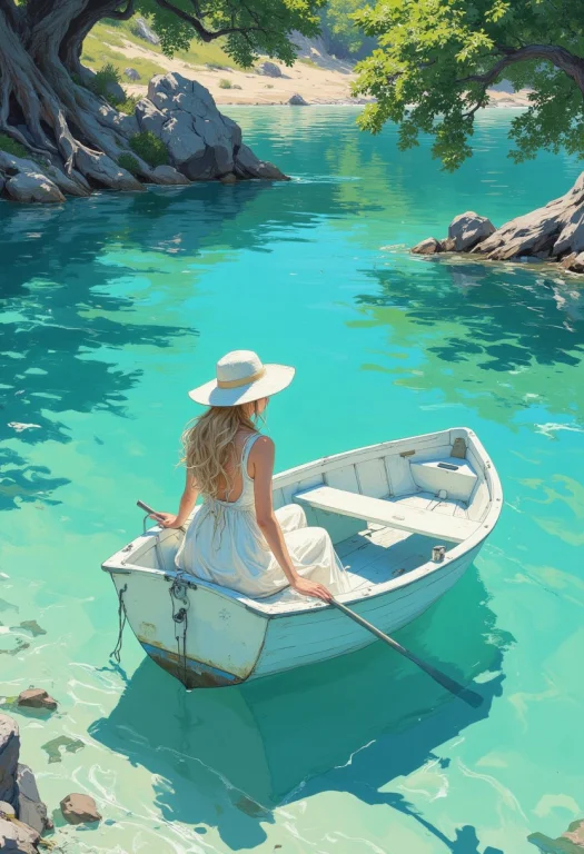 A Serene And Sunlit Scene Featuring A Small, Elegant Rowboat...