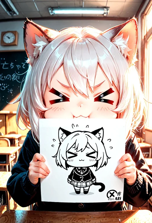 Smooth Quality, 1girl, Solo, Cat Girl, Classroom, , Holding...
