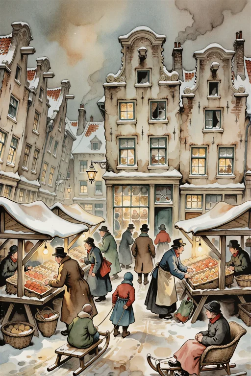A Bustling Snow-covered Nineteenth-century European Market S...