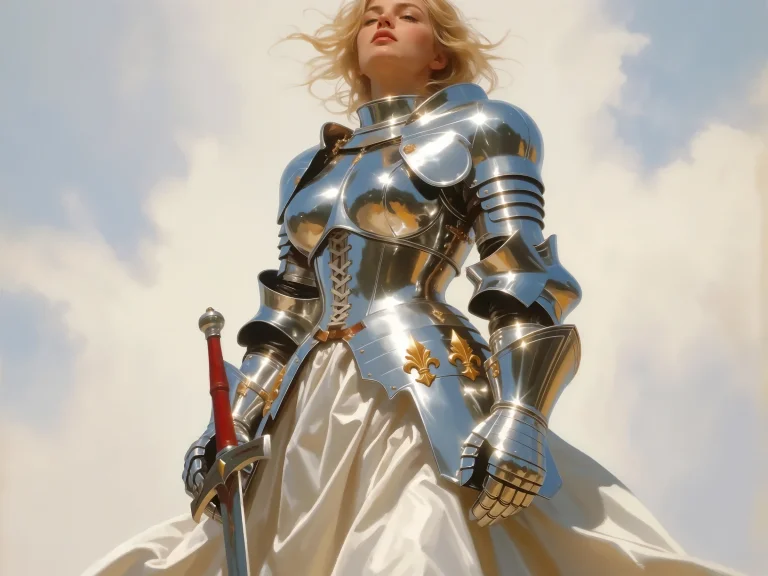 Blonde Woman Knight In Chrome Armor With Gold Details White...