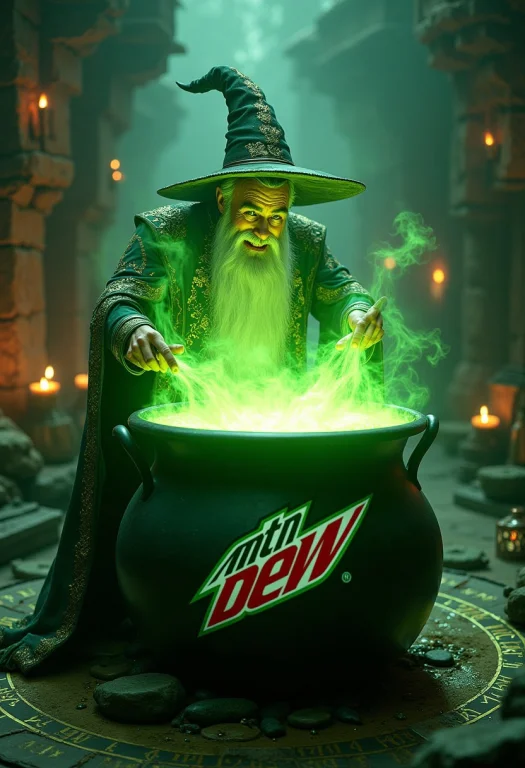 A Photorealistic Image Of A Wizard Stirring A Massive Cauldr...