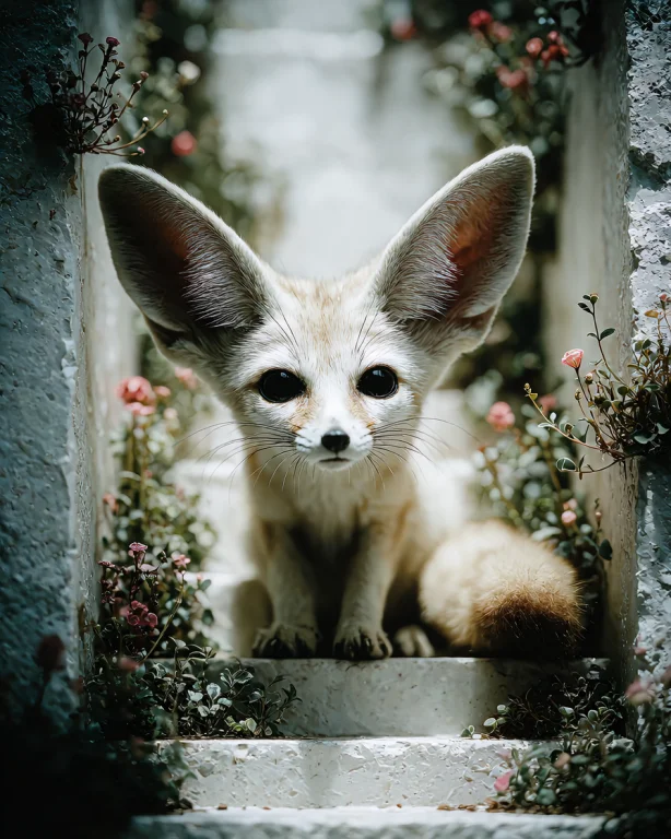 An Adult Fennec Fox. Cream-sand Fur, Oversized Batlike Ears...