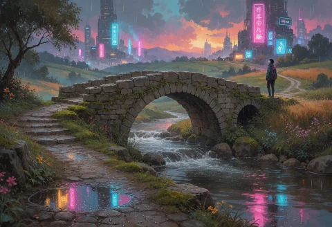Imagine The Scene Of An Ancient Stone Bridge, Its Arches Wea... — Stable Diffusion AI Prompt: "Imagine the scene of an ancient stone bridge, its arches weathered and moss-lad...
