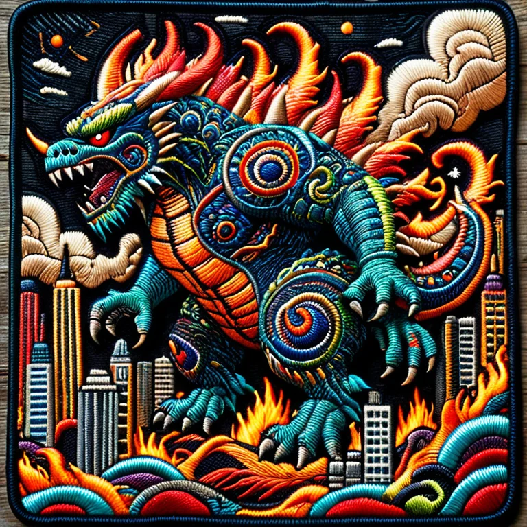 Ral-embroideredpatch, A Colossal Kaiju Monster Roaring Over...