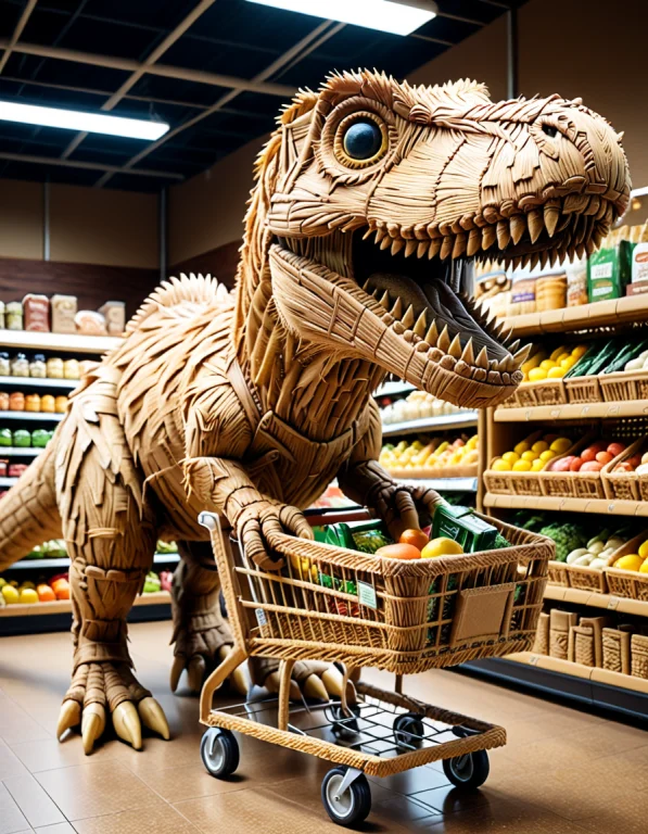A T-rex Dinosaur Pushing A Shopping Cart In A Grocery Store,...