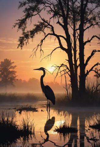 Misty Marsh, Sunrise And Tree, Silhouette Of 1heron, Ultra H... — SDXL AI Prompt: misty marsh, sunrise and tree, silhouette of 1heron, ultra hd, realistic, vivid...