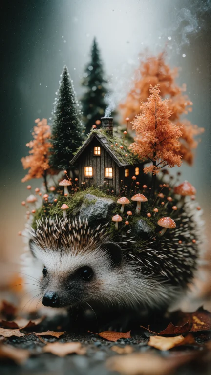 A Whimsical Hand-painted Scene Of A Tiny Round Hedgehog Wand...