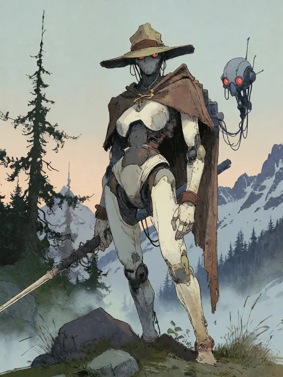 Bradhamel Art Style. A Tall, Weathered Mechanical Humanoid W...